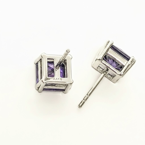 AAQUATIF 6mm Cushion Amethyst Studs • 18K White Gold & Rhodium over .925 Silver - Picture 4 of 7
